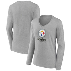 Pittsburgh Steelers Women's Logo Team Lockup Long Sleeve V-Neck T-Shirt Heather Gray | NFL