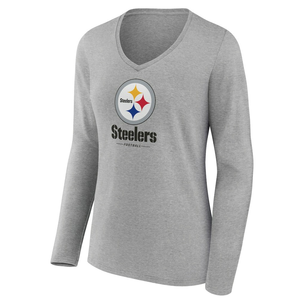 Pittsburgh Steelers Women's Logo Team Lockup Long Sleeve V-Neck T-Shirt Heather Gray | NFL