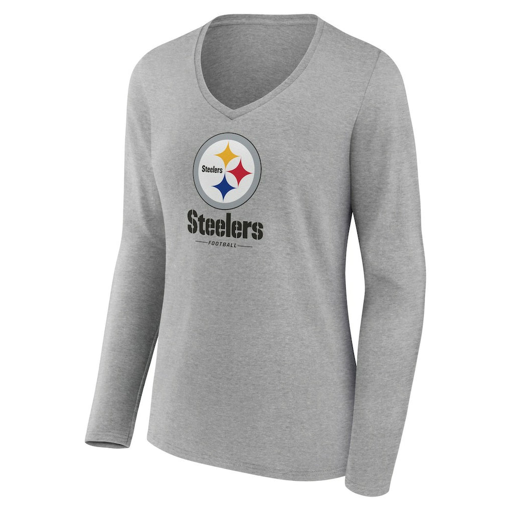 Pittsburgh Steelers Women's Logo Team Lockup Long Sleeve V-Neck T-Shirt Heather Gray | NFL