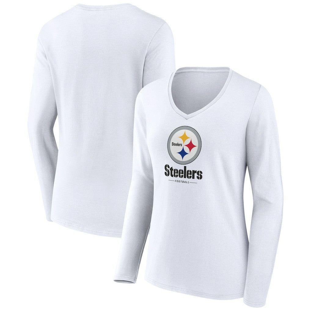 Pittsburgh Steelers Women's Logo Team Lockup Long Sleeve V-Neck T-Shirt White | NFL
