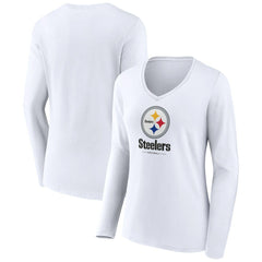 Pittsburgh Steelers Women's Logo Team Lockup Long Sleeve V-Neck T-Shirt White | NFL
