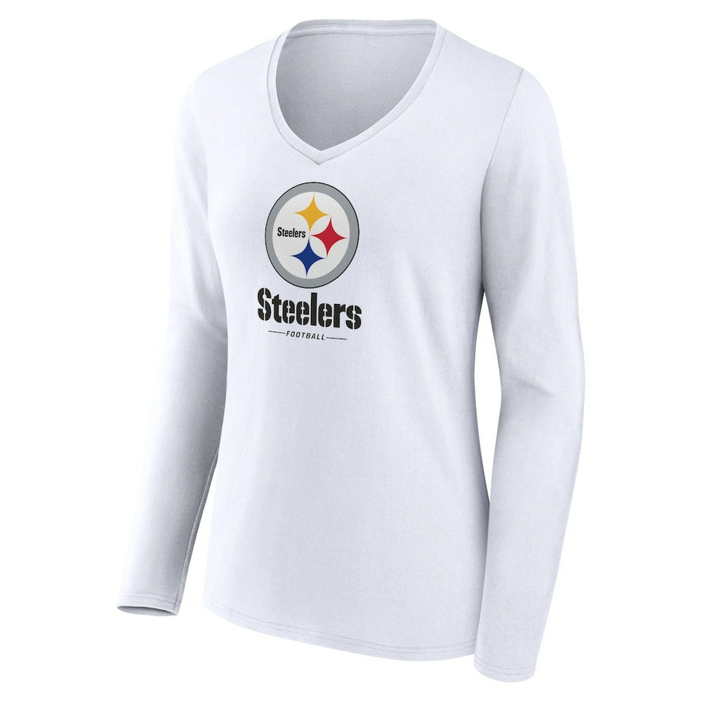 Pittsburgh Steelers Women's Logo Team Lockup Long Sleeve V-Neck T-Shirt White | NFL