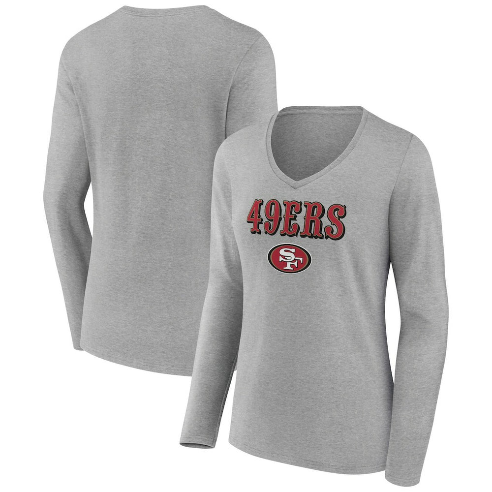 San Francisco 49ers Women's Logo Team Lockup Long Sleeve V-Neck T-Shirt Heather Gray | NFL