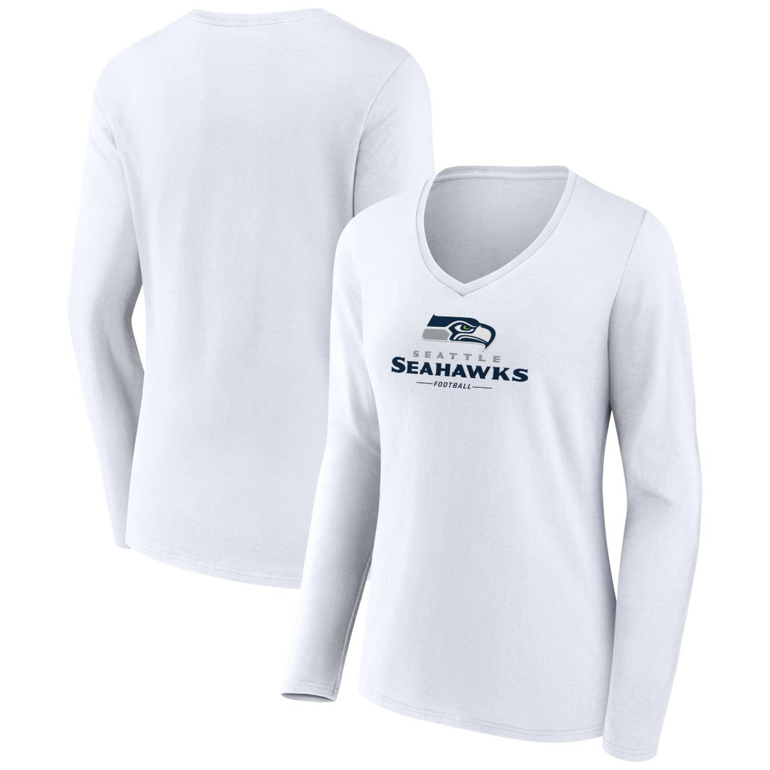 Seattle Seahawks Women's Logo Team Lockup Long Sleeve V-Neck T-Shirt White | NFL