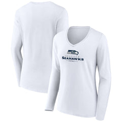 Seattle Seahawks Women's Logo Team Lockup Long Sleeve V-Neck T-Shirt White | NFL