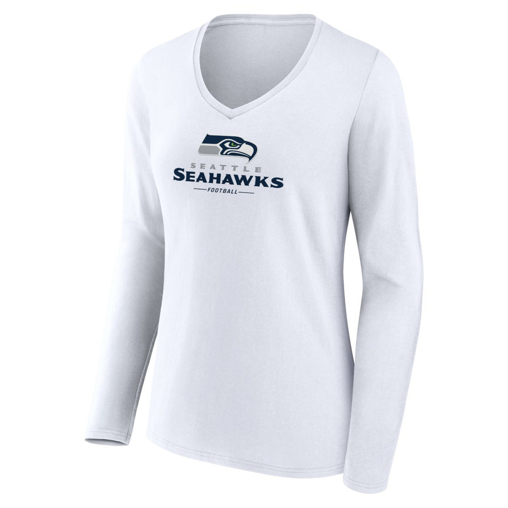 Seattle Seahawks Women's Logo Team Lockup Long Sleeve V-Neck T-Shirt White | NFL