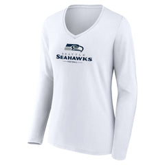 Seattle Seahawks Women's Logo Team Lockup Long Sleeve V-Neck T-Shirt White | NFL