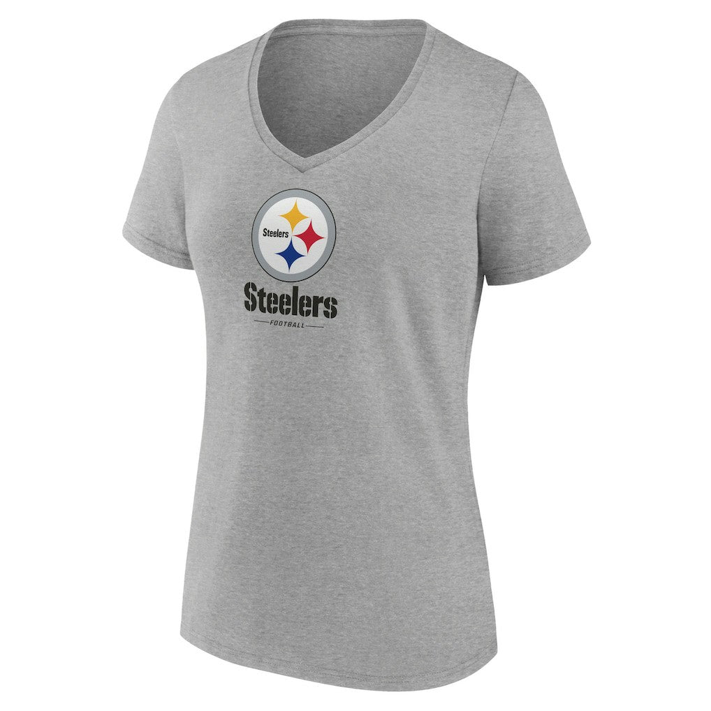 Pittsburgh Steelers Women's Logo Team Lockup V-Neck T-Shirt Gray | NFL