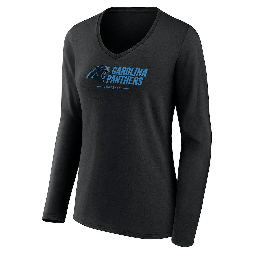 Carolina Panthers Women's Logo Team Lockup Long Sleeve V-Neck T-Shirt Black | NFL