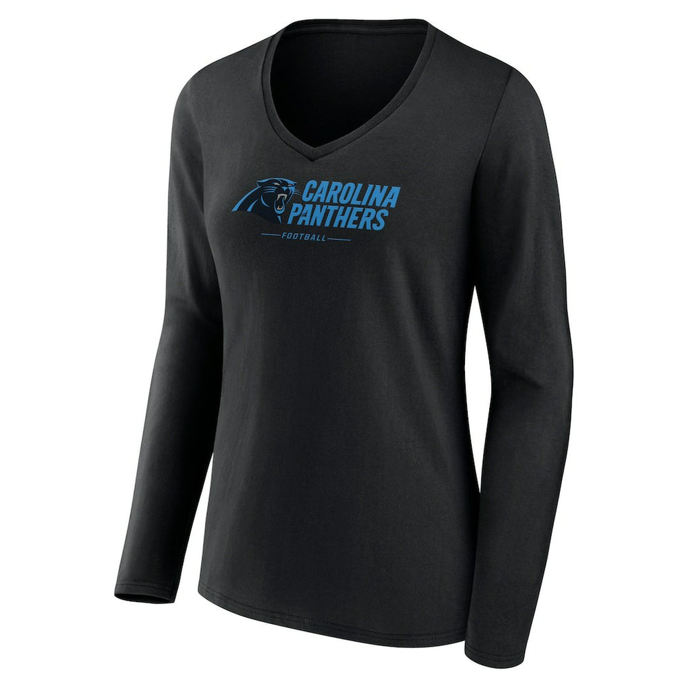 Carolina Panthers Women's Logo Team Lockup Long Sleeve V-Neck T-Shirt Black | NFL