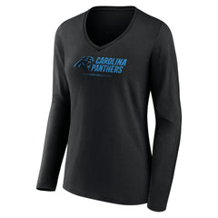 Carolina Panthers Women's Logo Team Lockup Long Sleeve V-Neck T-Shirt Black | NFL