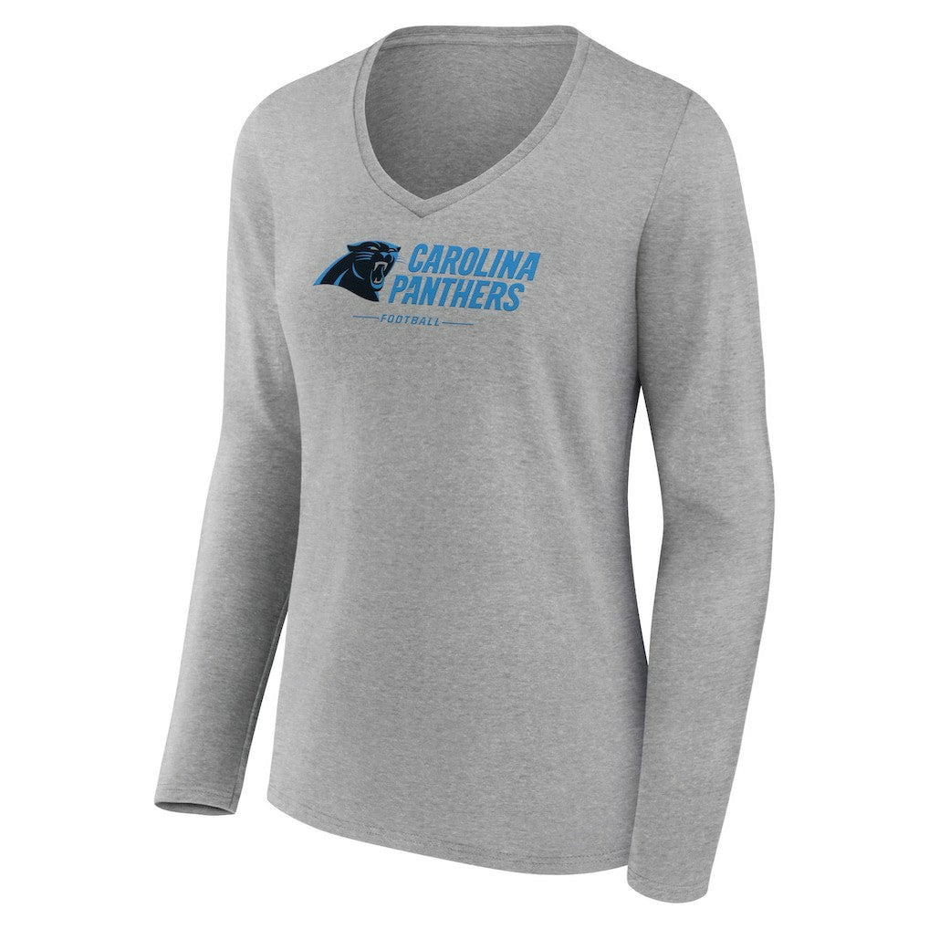 Carolina Panthers Women's Logo Team Lockup Long Sleeve V-Neck T-Shirt Heather Gray | NFL
