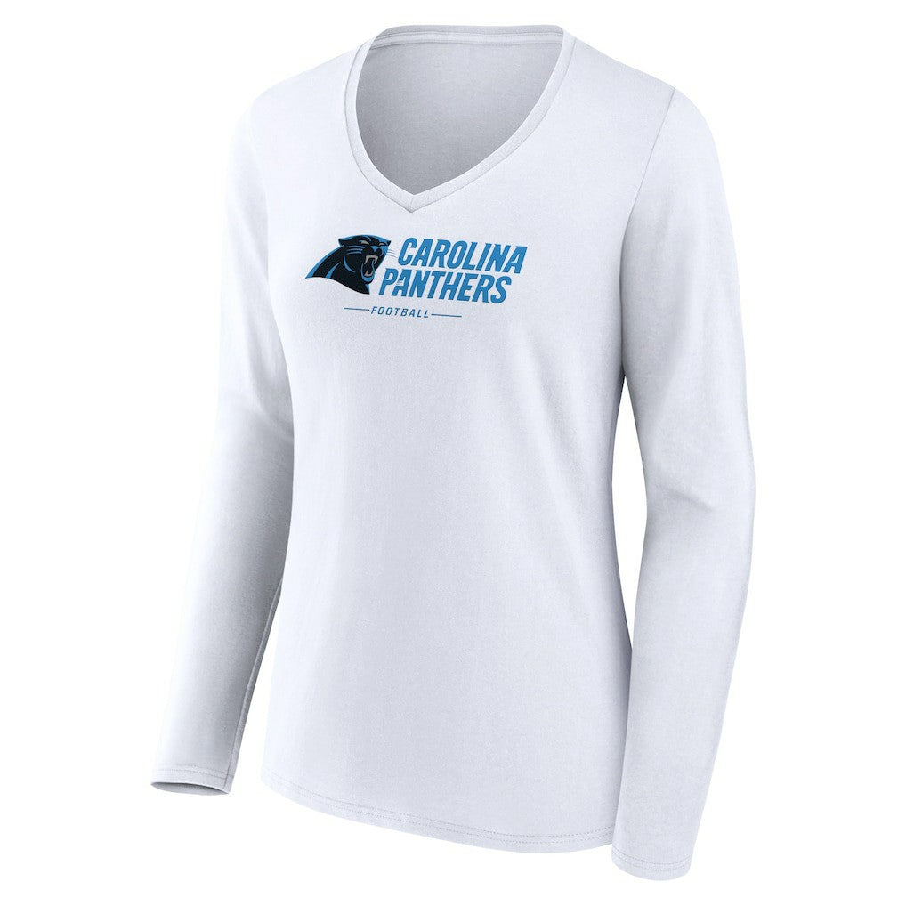Carolina Panthers Women's Logo Team Lockup Long Sleeve V-Neck T-Shirt White | NFL