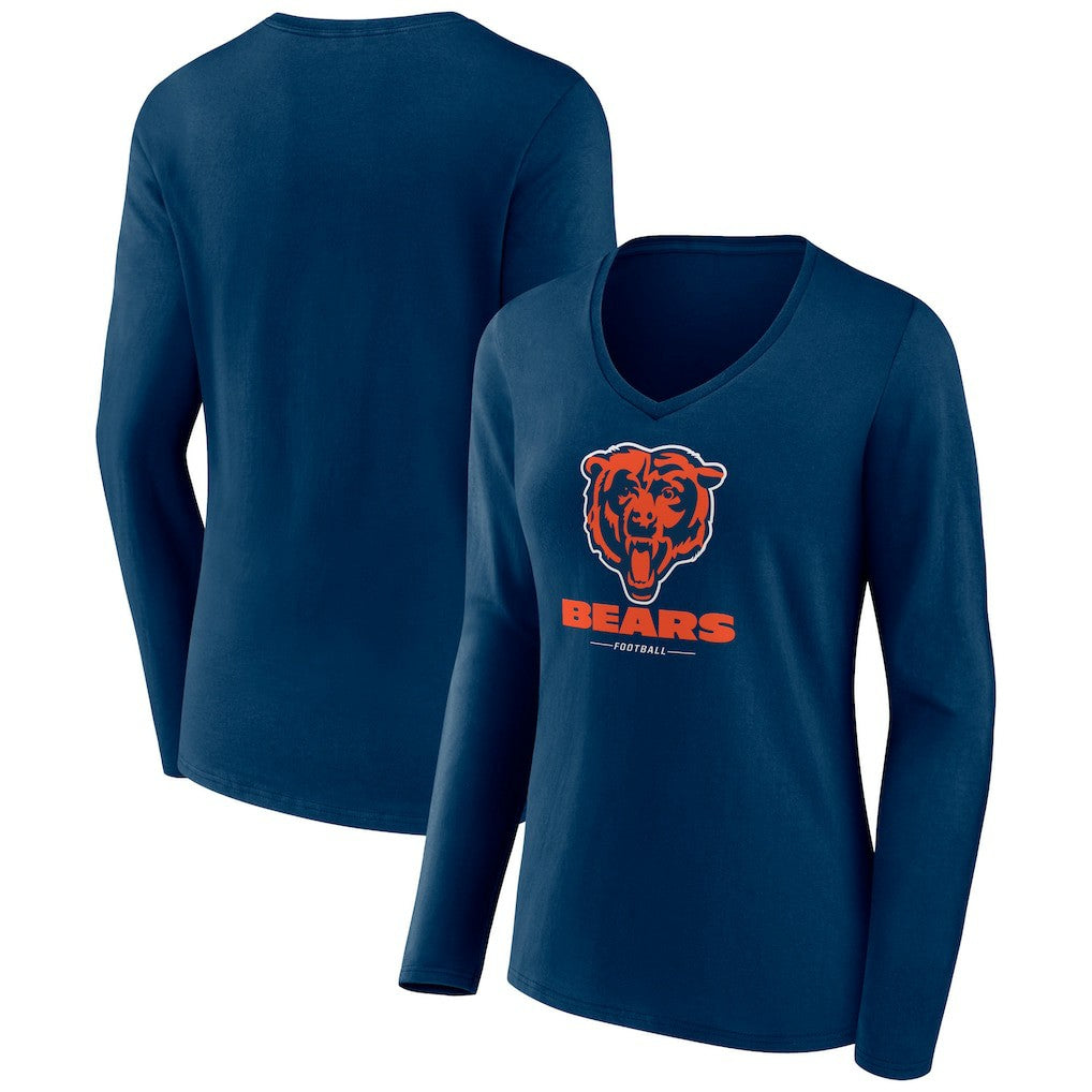 Chicago Bears Women's Logo Team Lockup Long Sleeve V-Neck T-Shirt Navy | NFL