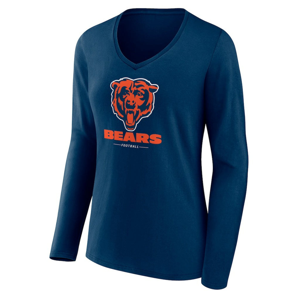 Chicago Bears Women's Logo Team Lockup Long Sleeve V-Neck T-Shirt Navy | NFL