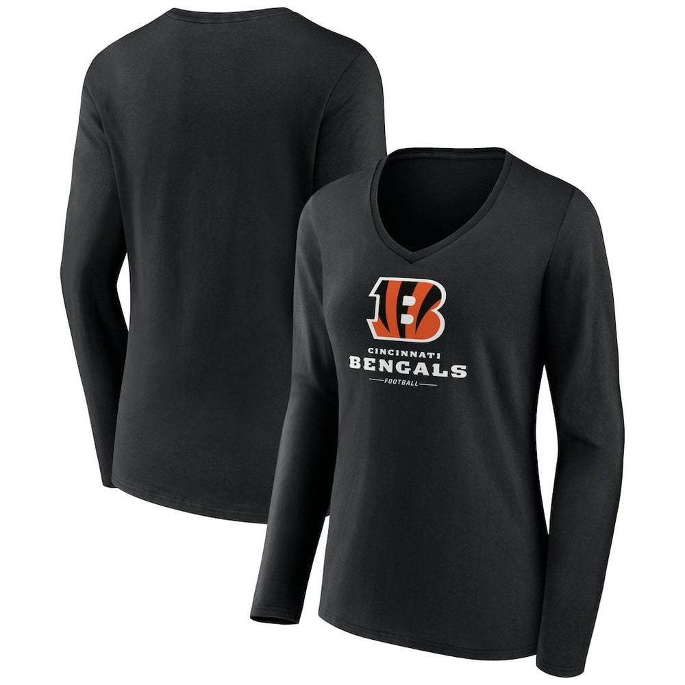 Cincinnati Bengals Women's Logo Team Lockup Long Sleeve V-Neck T-Shirt Black | NFL