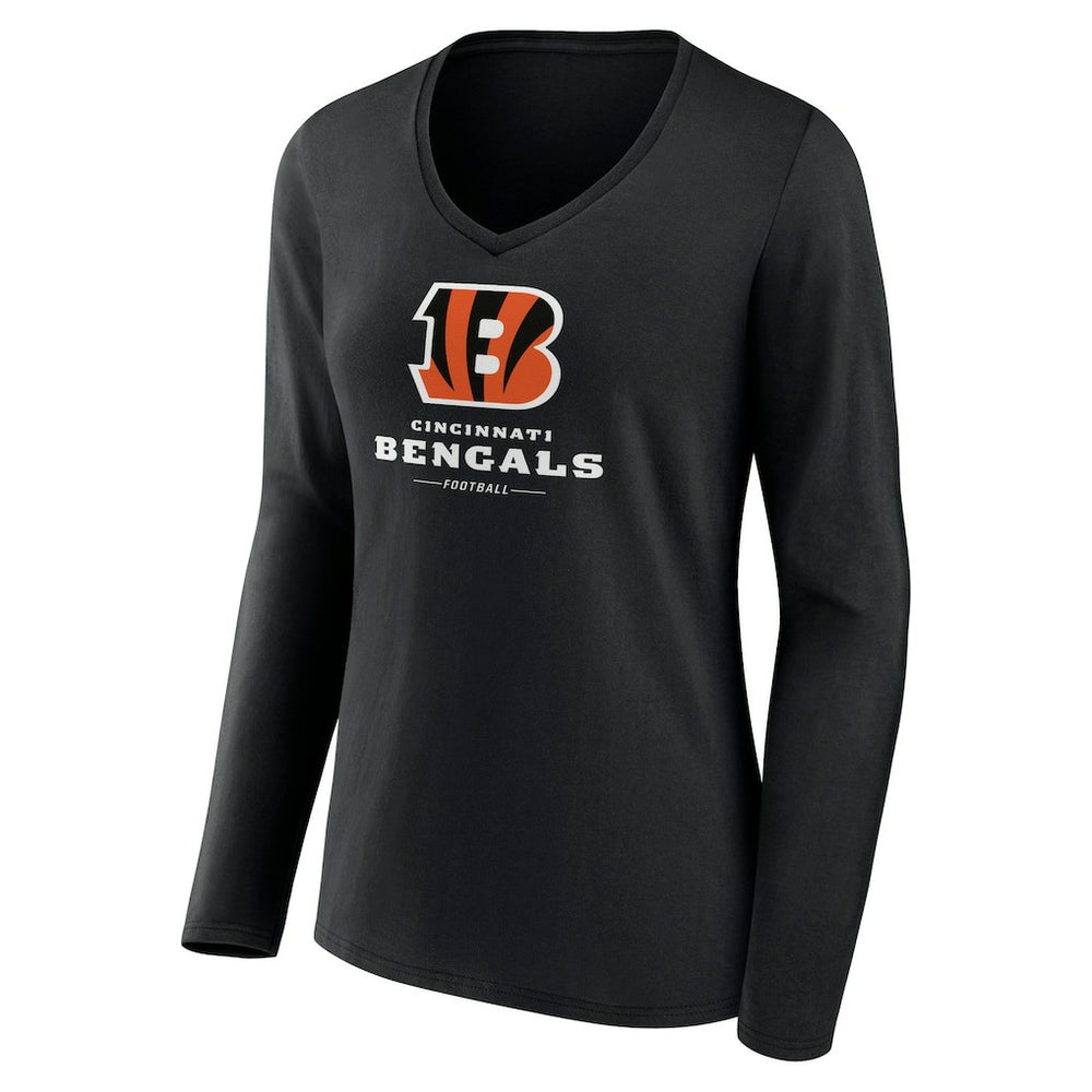 Cincinnati Bengals Women's Logo Team Lockup Long Sleeve V-Neck T-Shirt Black | NFL