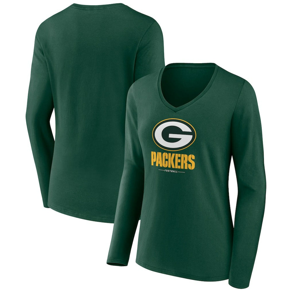 Green Bay Packers Women's Logo Team Lockup Long Sleeve V-Neck T-Shirt Green | NFL