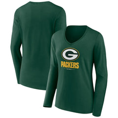 Green Bay Packers Women's Logo Team Lockup Long Sleeve V-Neck T-Shirt Green | NFL