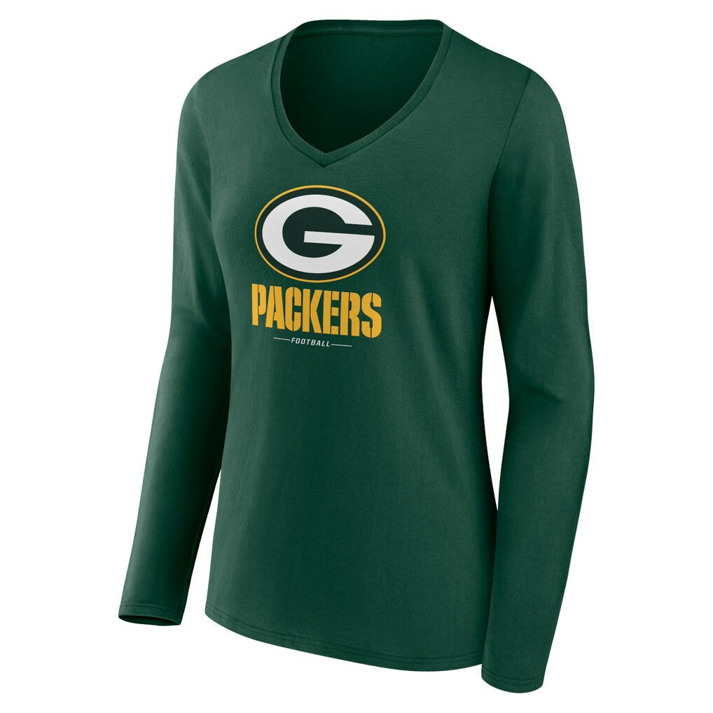 Green Bay Packers Women's Logo Team Lockup Long Sleeve V-Neck T-Shirt Green | NFL