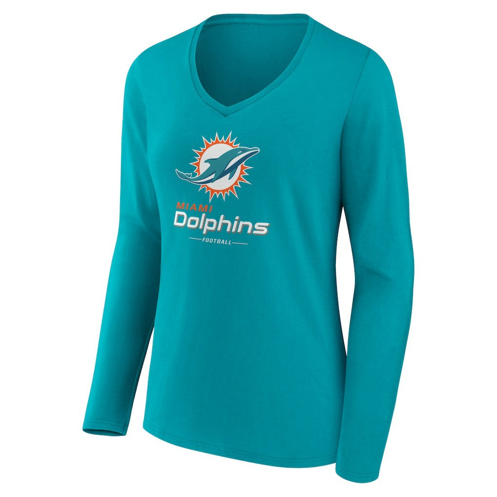 Miami Dolphins Women's Logo Team Lockup Long Sleeve V-Neck T-Shirt Aqua | NFL