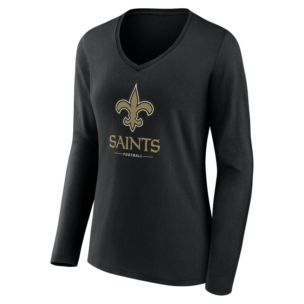 New Orleans Saints Women's Logo Team Lockup Long Sleeve V-Neck T-Shirt Black | NFL