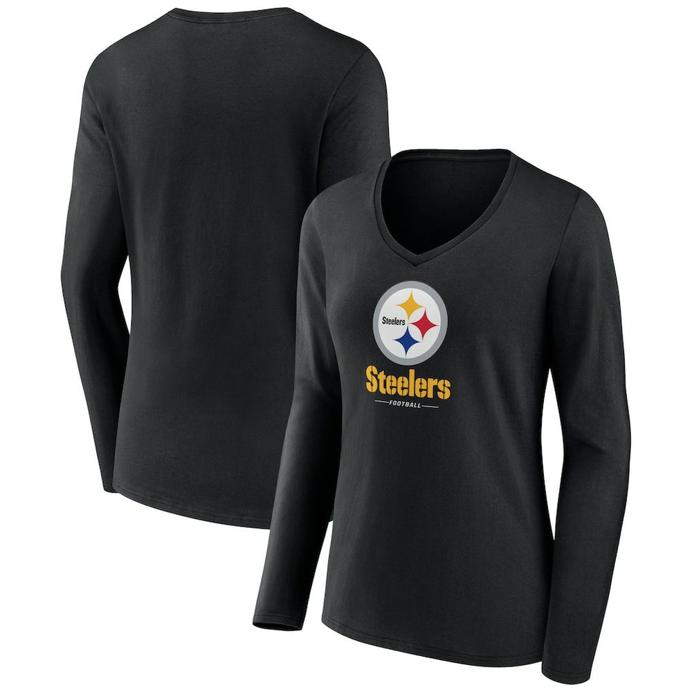 Pittsburgh Steelers Women's Logo Team Lockup Long Sleeve V-Neck T-Shirt Black | NFL