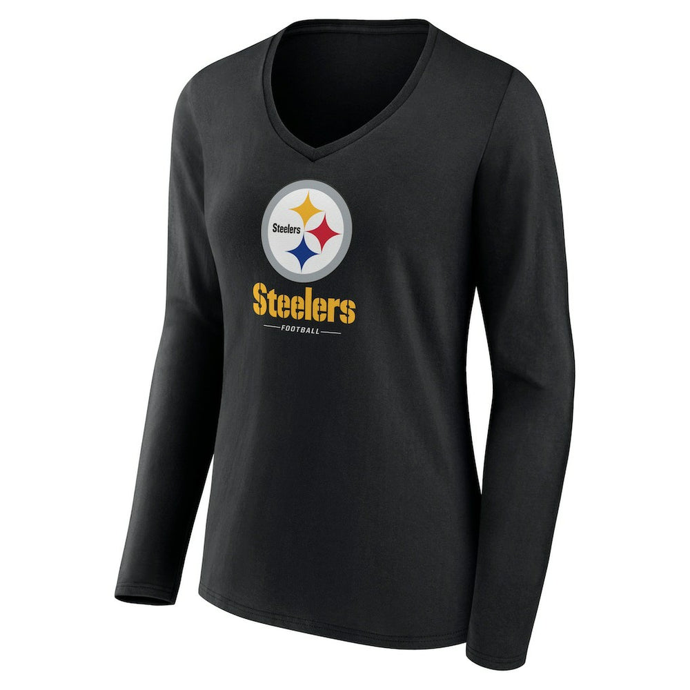 Pittsburgh Steelers Women's Logo Team Lockup Long Sleeve V-Neck T-Shirt Black | NFL