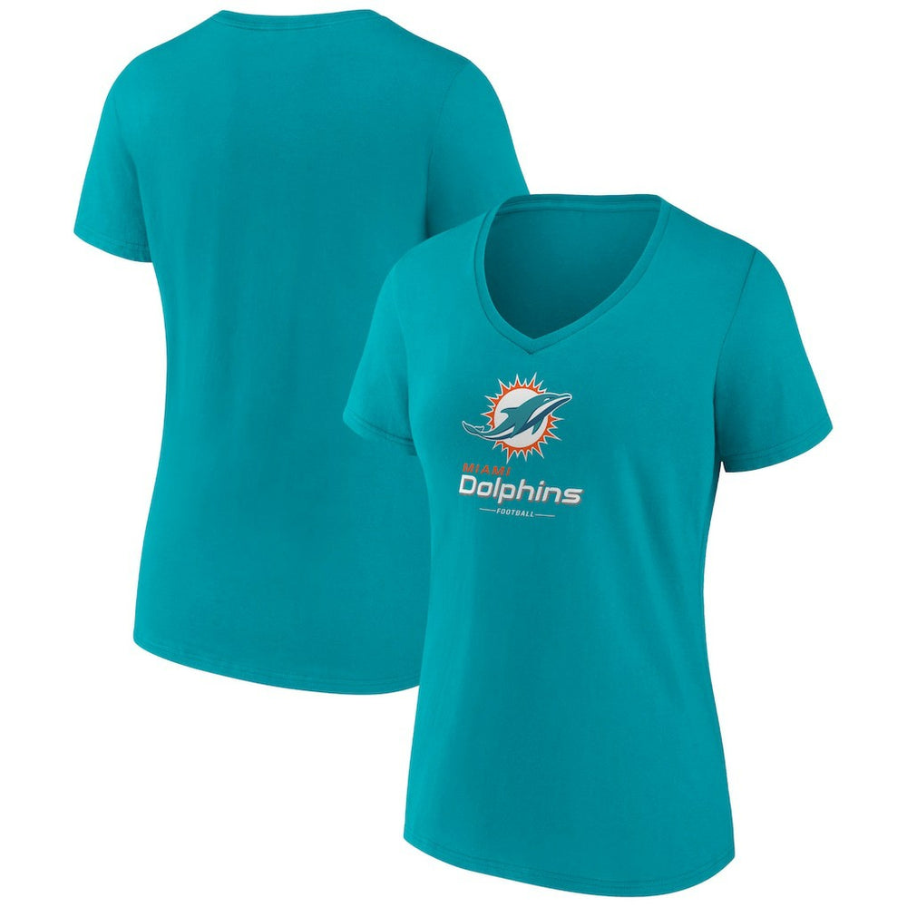 Miami Dolphins Women's Logo Team Lockup V-Neck T-Shirt Aqua | NFL