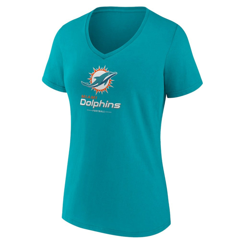 Miami Dolphins Women's Logo Team Lockup V-Neck T-Shirt Aqua | NFL