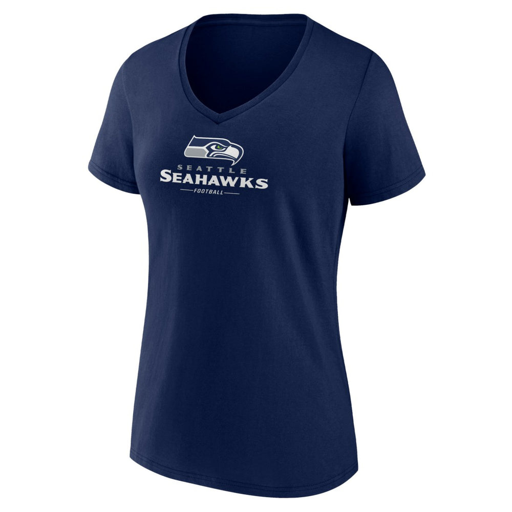 Seattle Seahawks Women's Logo Team Lockup V-Neck T-Shirt College Navy | NFL