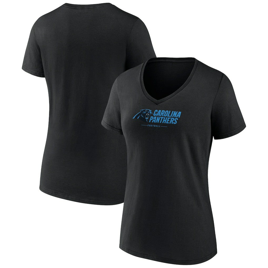 Carolina Panthers Women's Logo Team Lockup V-Neck T-Shirt Black | NFL