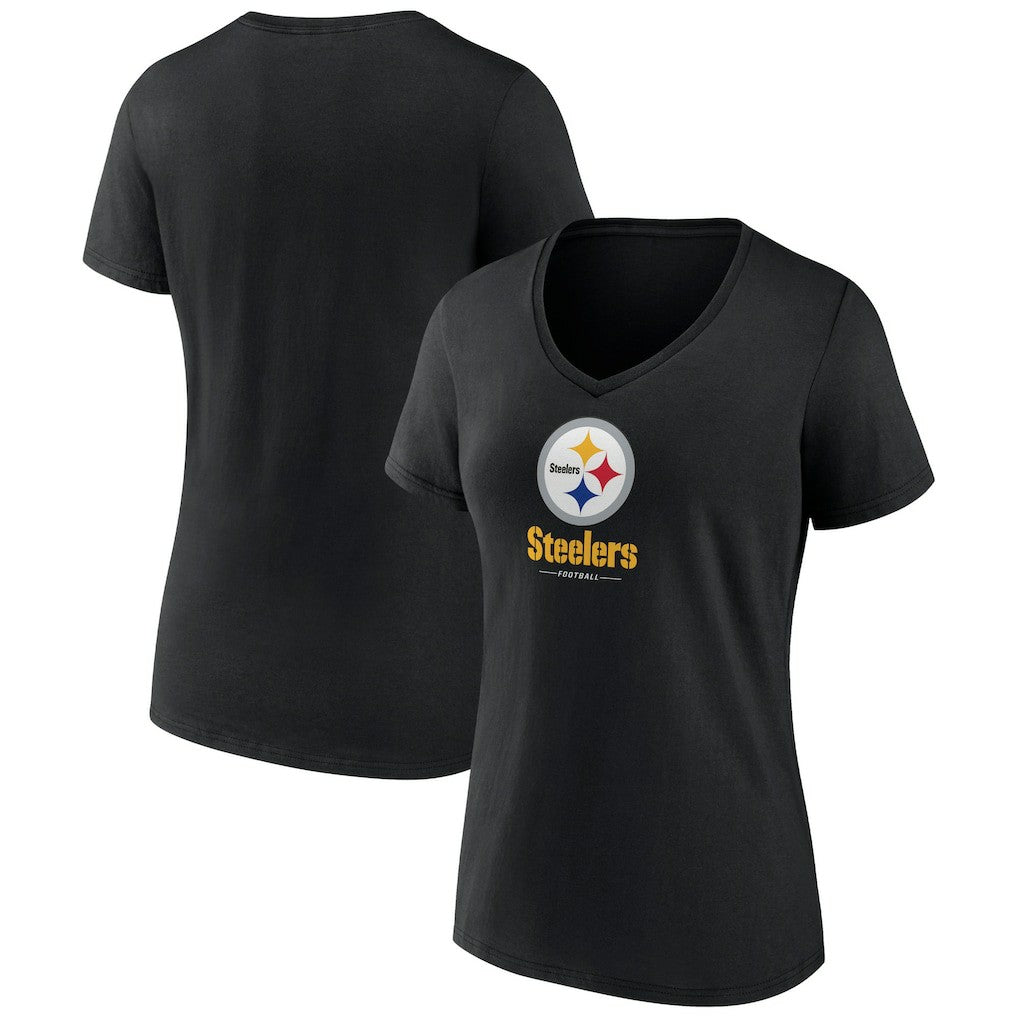 Pittsburgh Steelers Women's Logo Team Lockup V-Neck T-Shirt Black | NFL