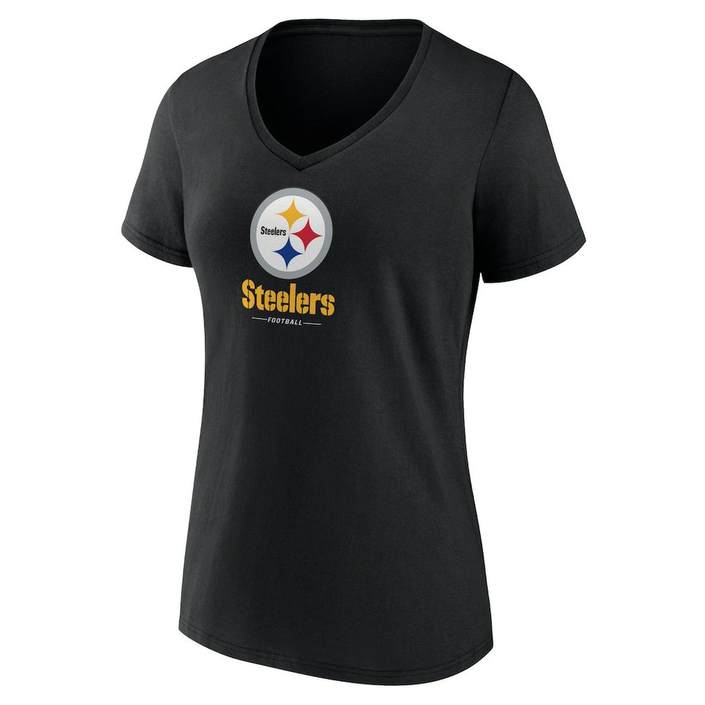 Pittsburgh Steelers Women's Logo Team Lockup V-Neck T-Shirt Black | NFL