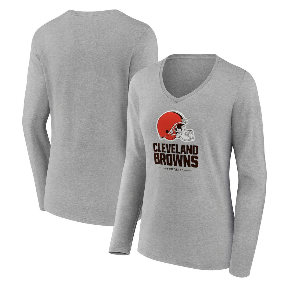 Cleveland Browns Women's Logo Team Lockup Long Sleeve V-Neck T-Shirt Gray | NFL