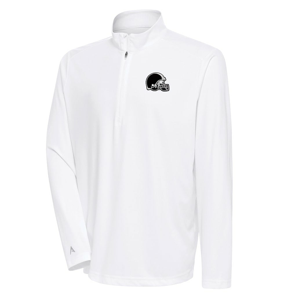Cleveland Browns Antigua Metallic Logo Tribute Quarter-Zip Top White | NFL