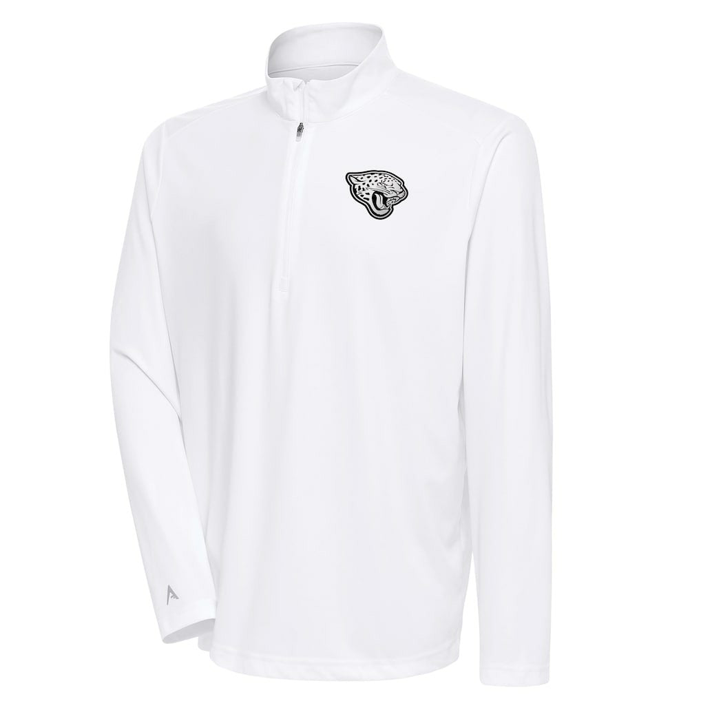 Jacksonville Jaguars Antigua Metallic Logo Tribute Quarter-Zip Top White | NFL