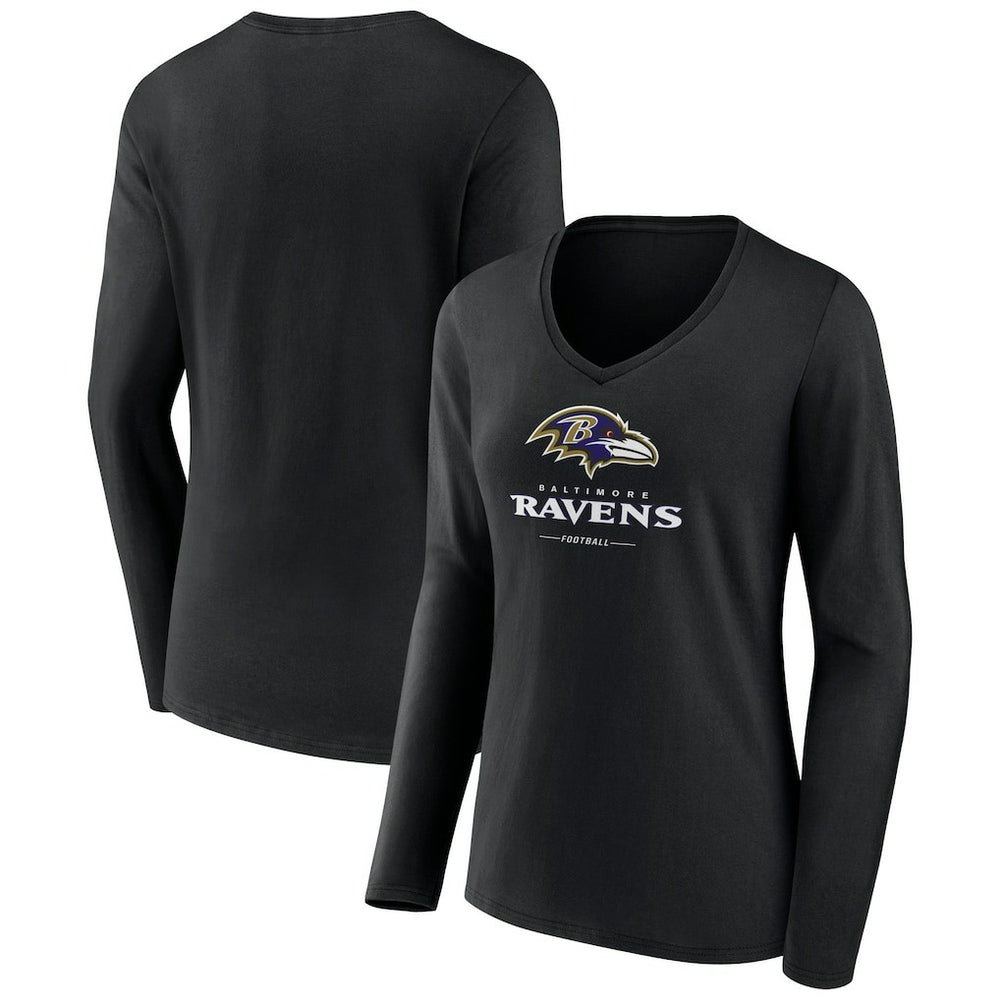 Baltimore Ravens Women's Logo Team Lockup Long Sleeve V-Neck T-Shirt Black | NFL