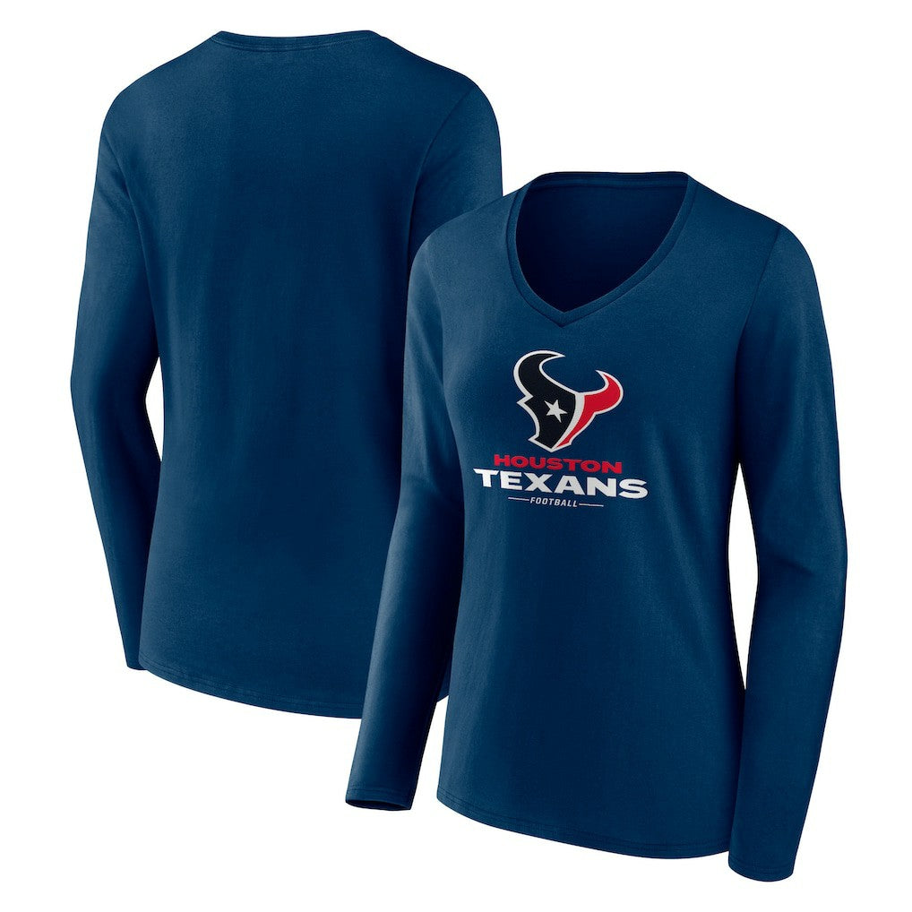 Houston Texans Women's Logo Team Lockup Long Sleeve V-Neck T-Shirt Navy | NFL