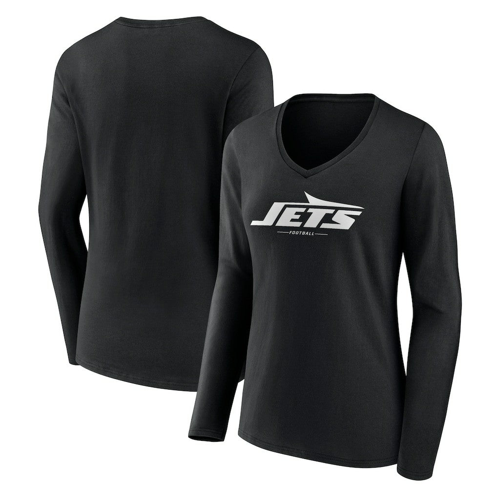 New York Jets Women's Logo Team Lockup Long Sleeve V-Neck T-Shirt Black | NFL