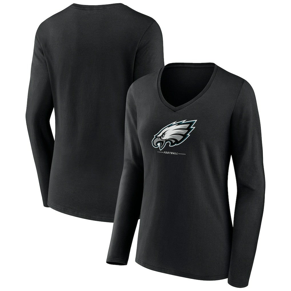 Philadelphia Eagles Women's Logo Team Lockup Long Sleeve V-Neck T-Shirt Black | NFL