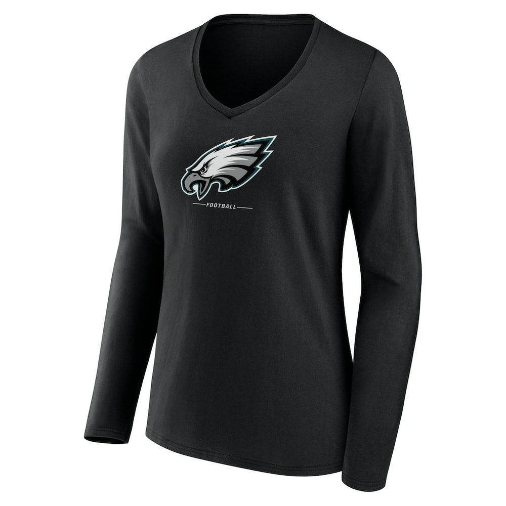 Philadelphia Eagles Women's Logo Team Lockup Long Sleeve V-Neck T-Shirt Black | NFL