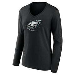Philadelphia Eagles Women's Logo Team Lockup Long Sleeve V-Neck T-Shirt Black | NFL
