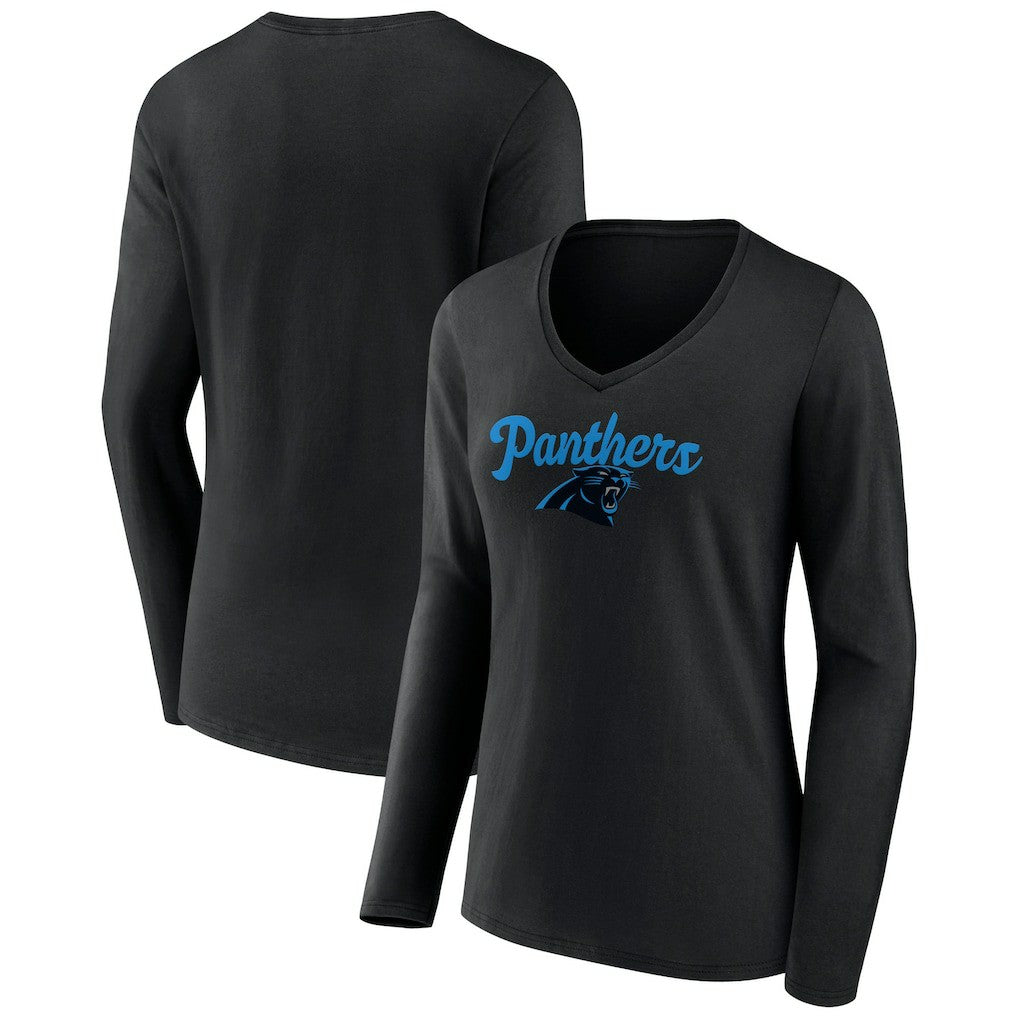 Carolina Panthers Women's Freehand Team Long Sleeve V-Neck T-Shirt Black | NFL