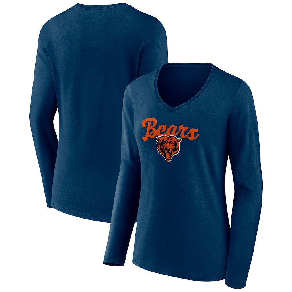 Chicago Bears Women's Freehand Team Long Sleeve V-Neck T-Shirt Navy | NFL