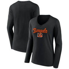 Cincinnati Bengals Women's Freehand Team Long Sleeve V-Neck T-Shirt Black | NFL
