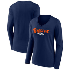 Denver Broncos Women's Freehand Team Long Sleeve V-Neck T-Shirt Navy | NFL