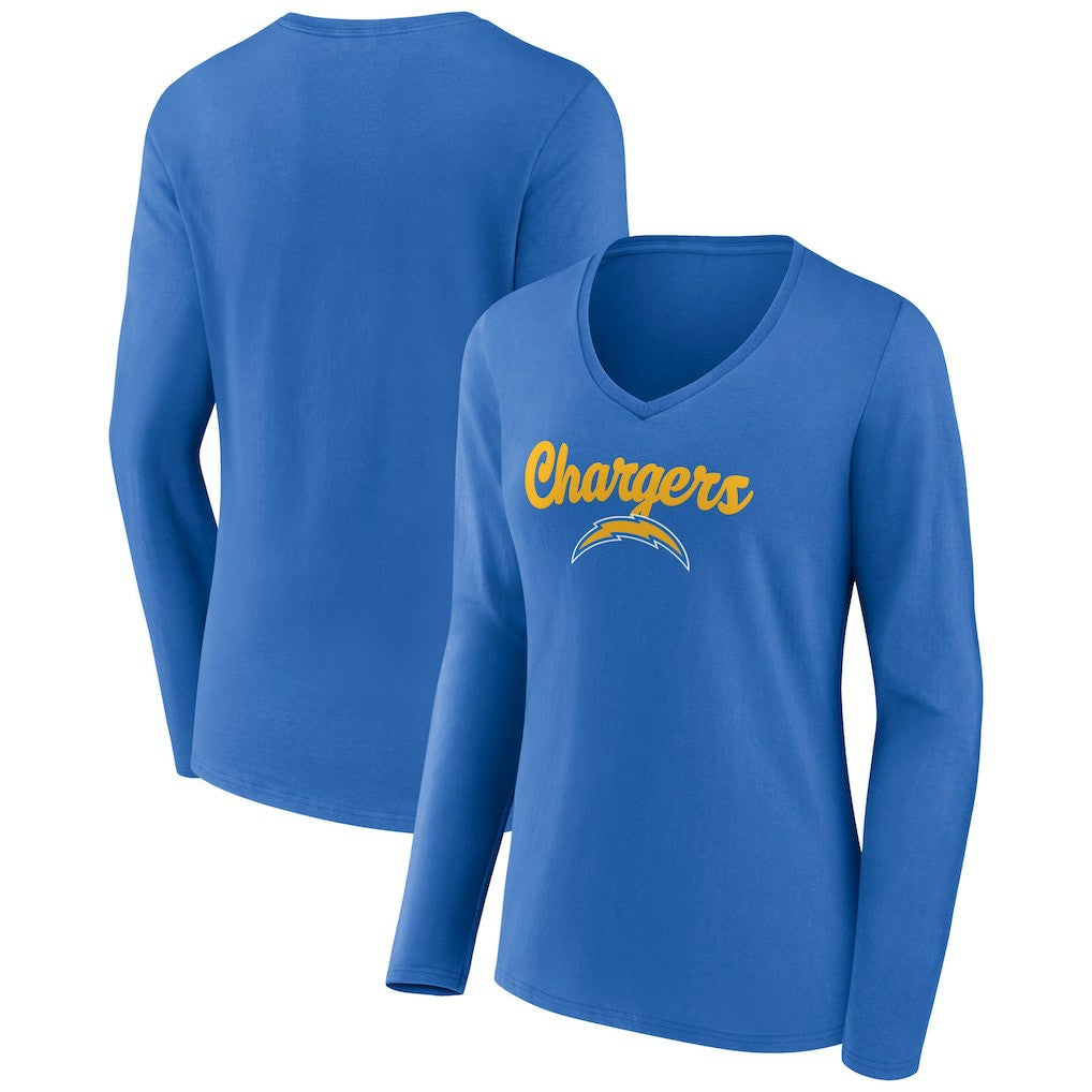 Los Angeles Chargers Women's Freehand Team Long Sleeve V-Neck T-Shirt Powder Blue | NFL