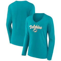 Miami Dolphins Women's Freehand Team Long Sleeve V-Neck T-Shirt Aqua | NFL
