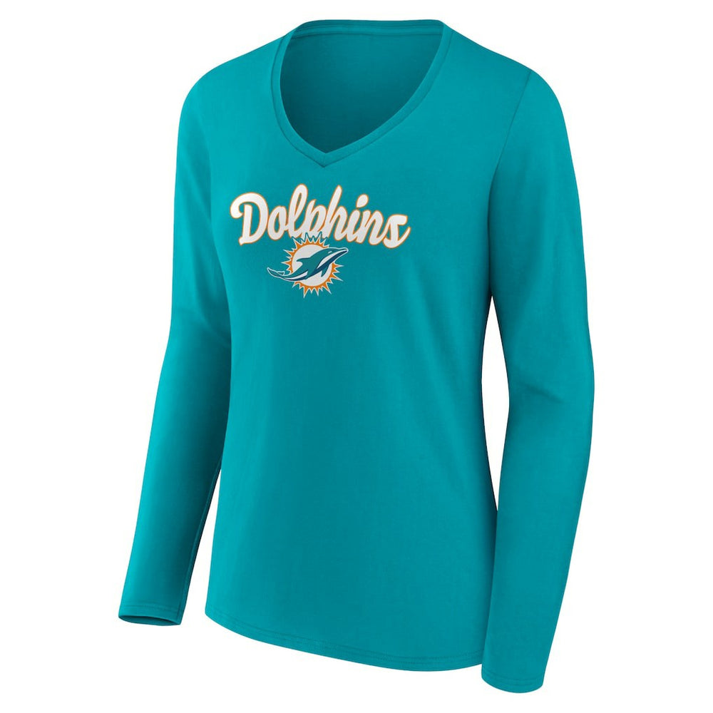 Miami Dolphins Women's Freehand Team Long Sleeve V-Neck T-Shirt Aqua | NFL